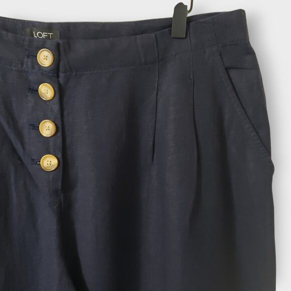Loft Linen Blend Button Front Wide Leg Crop Pants High Rise Navy Blue Large - Picture 4 of 12